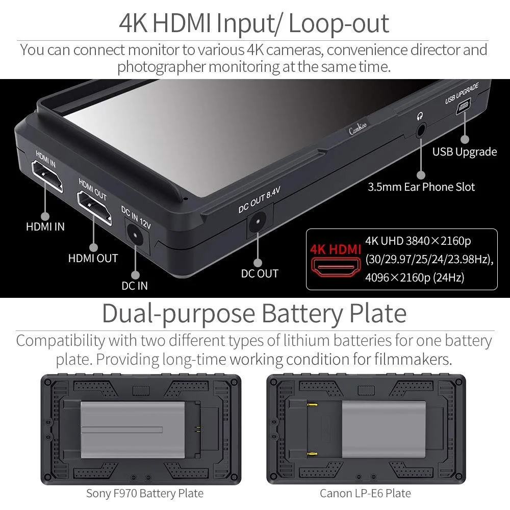 Camkoo CK5 5 дюймовый IPS цифровой зеркальной камеры полевой монитор 4K HDMI FHD 1920x1080 DC