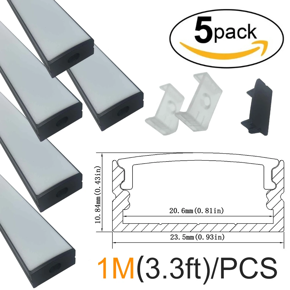 

5m/lot 5x1m(3.3ft) Black 20mm Aluminum LED Channel kit for LED Strip Light Installations Aluminum Profile for LED Bar Light