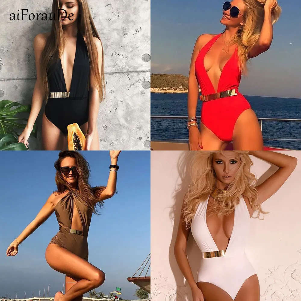 Solid 2019 Metal Girdle One Piece Swimsuit Women Deep V Sexy Swimwear
