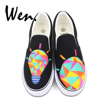 

Wen Hand Painted Shoes Women Vulcanized Shoes Original Design Colorful Lamp Bulb Graffiti Painting Slip on Low Platform Flat