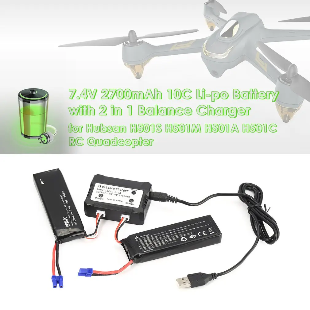 

2pcs 7.4V 2700mAh 10C Li-po Battery with 2 in 1 Balance Charger Spare Parts for Hubsan H501S H501M H501A H501C RC Quadcopter