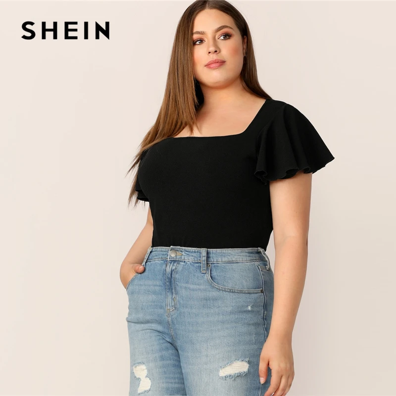 SHEIN زائد حجم أسود رفرفة كم مربع الرقبة عادي أعلى إمرأة T قميص 2019 بسط الربيع انتفض كم أعلى المحملات SHEIN زائد حجم أسود رفرفة كم مربع الرقبة عادي أعلى إمرأة T قميص 2019 بسط الربيع انتفض كم أعلى المحملات