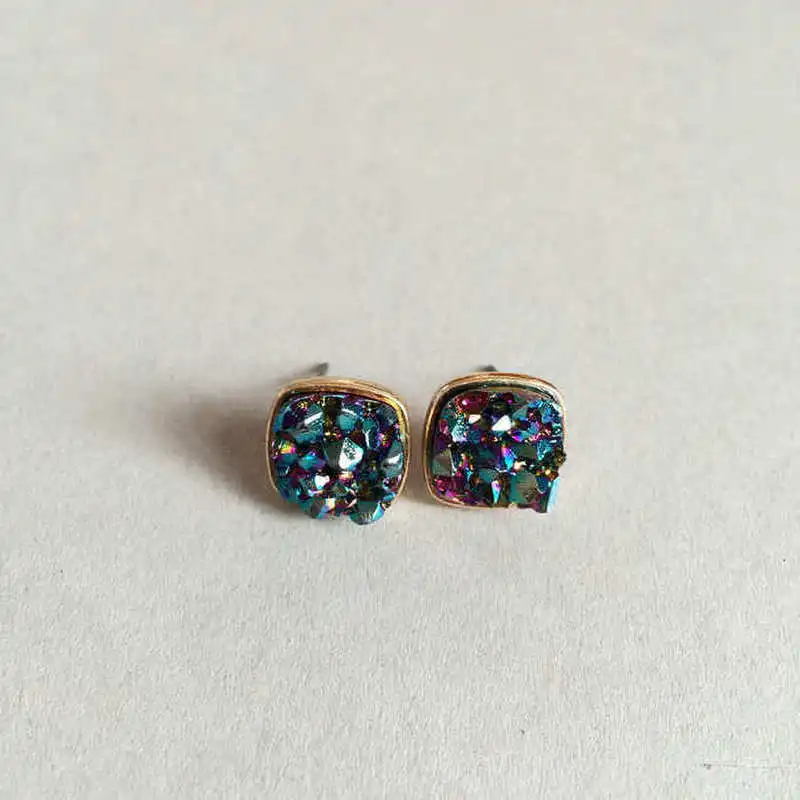 

24 Options Drusy Stud Earrings Waterdrop Square Round Fashion Resin Lava Quartz Stone Earings Gold Color Brand Jewelry Women