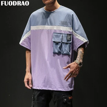

FUODRAO T shirt Men Japan Style Funny t shirts Pocket Patchwork Hip Hop Streetwear Casual Men Tops Tees Plus Size 5XL T702