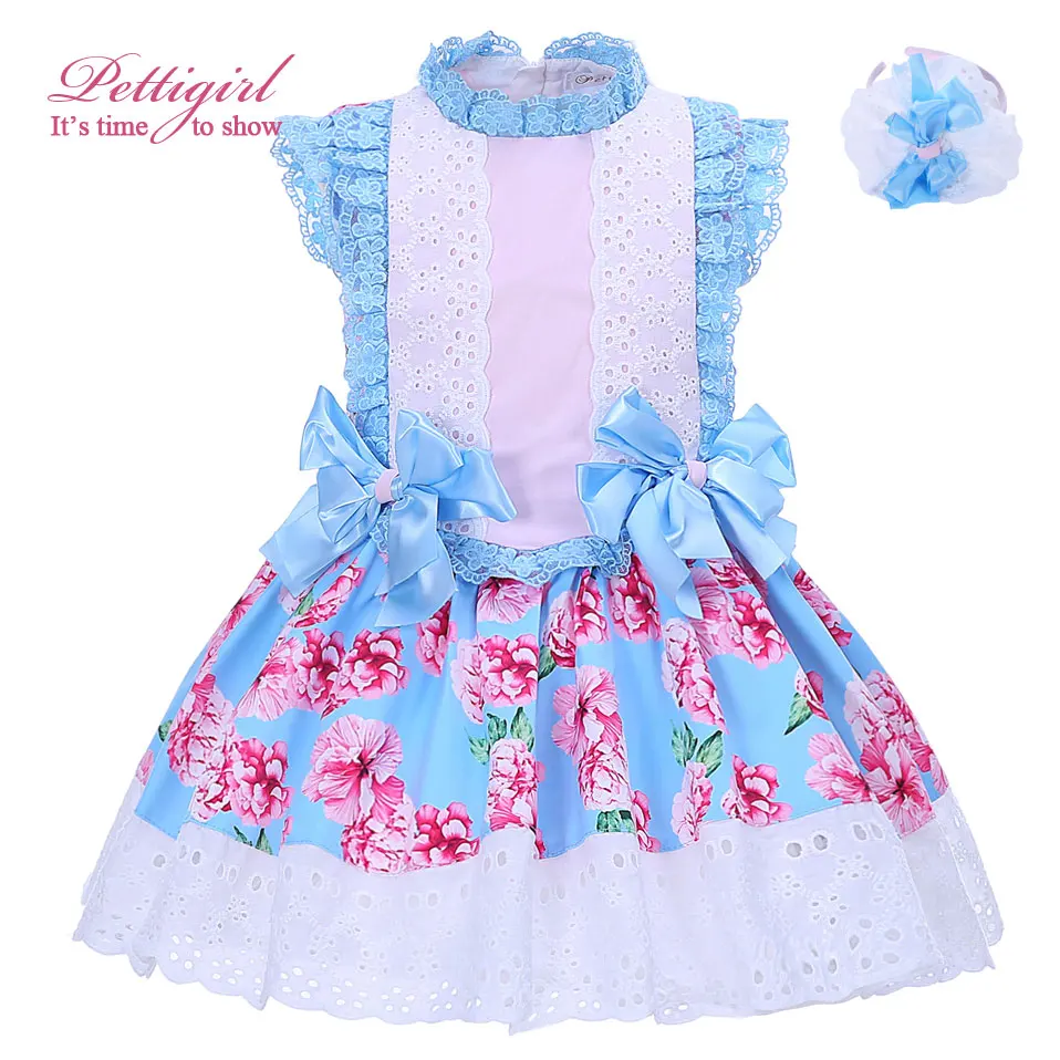 Pettigirl Boutique Summer Girls Flower Dress Blue Bow Cotton Lace Neck and Headband Kids Clothing G