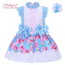 Pettigirl Boutique D’été Filles Fleur Robe Bleu Arc Coton Dentelle Cou et Bandeau Enfants Vêtements G-DMGD001