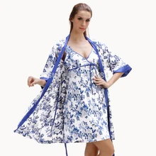 Фарфор атлас халат и набор ночных рубашек шелковые пижамы для женщин халат скольжения для кардиганы лето/осень/весн