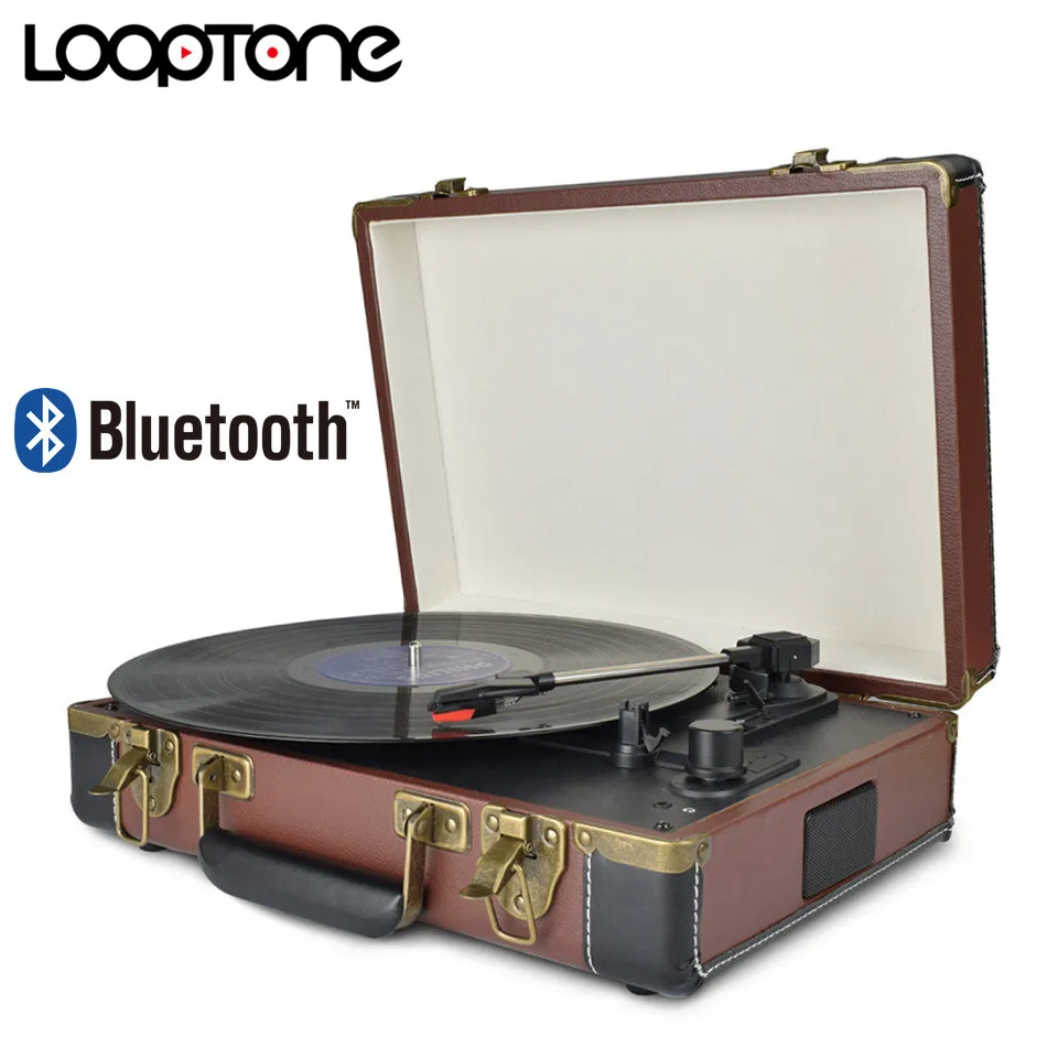 Portable Bluetooth Belt-Drive Turntable Vinyl Record Phono Player with Built-in Battery &amp 2 speakers support Aux-in RCA Line-out |