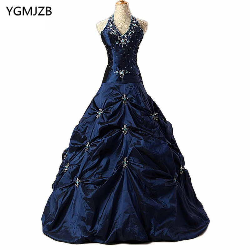 

Blue Quinceanera Dresses 2018 Ball Gown Halter Off Shoulder Beaded Embroidery Floor Length Vestidos De 15 Long Sweet 16 Dresses