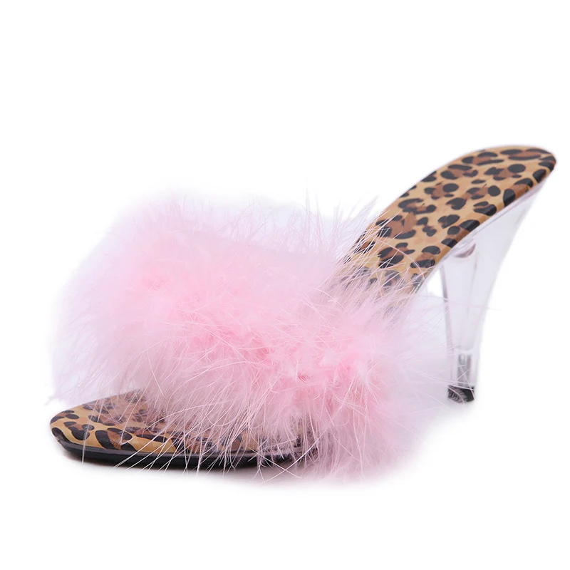Пикантные леопардовые женские тапочки с перьями, 10 см, 7 см, прозрачная обувь на высоком каблуке, интересный мех, большие размеры 34-45, сандалии для выступлений AWS124 - Цвет: Pink 9.5cm