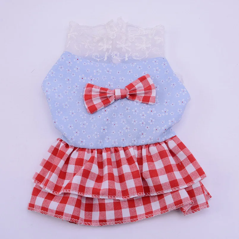 Puppy Dog Dress Princess Plaid Dog Dress Lace Skirt Summer Bowknot