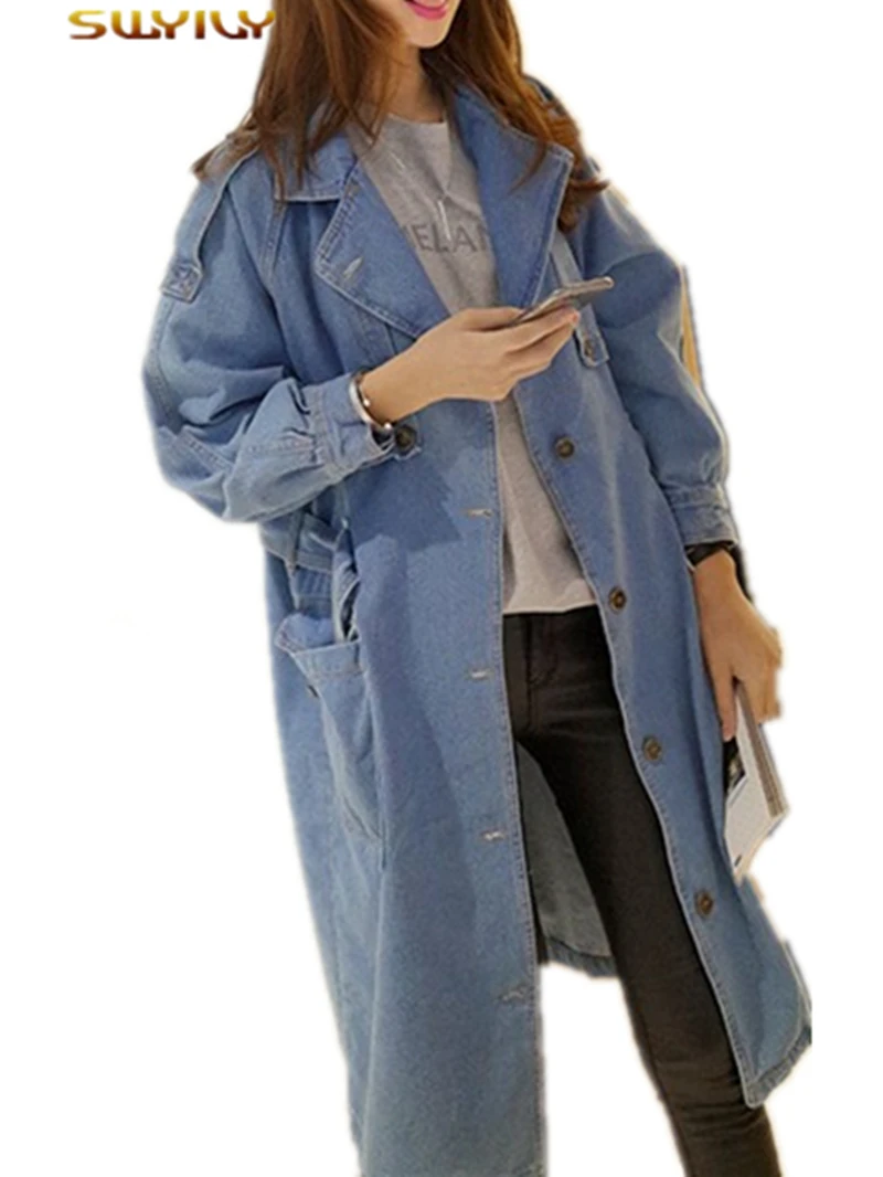 Europe Long Style Denim Coat Fashion The New Vintage Denim Trench Coat 2017 Autumn Cool Streetwear Large Size