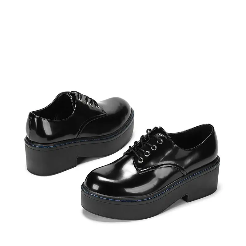 

Spring Leisure Comfortable Square-heeled Women's Shoes Thick Bottom Round Head Lace retro patent leather Shoes Schuhe Damen