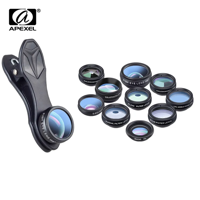 APEXEL 10 في 1 الهاتف عدسة كيت العالمي زاوية واسعة عدسة عين سمكة دقيقة مرشح CPL 2X عدسة مجهر لجميع الهاتف الذكي