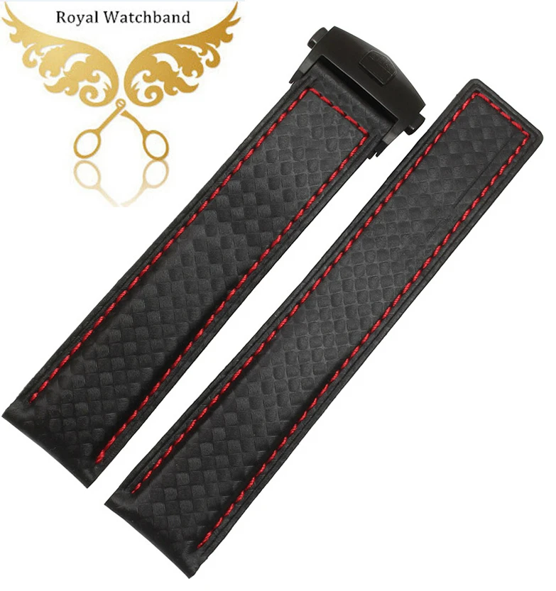 

Watch Accessories 20mm 22mm Red Leather Carbon Fiber Grain Black with Red Stitching Watch Band