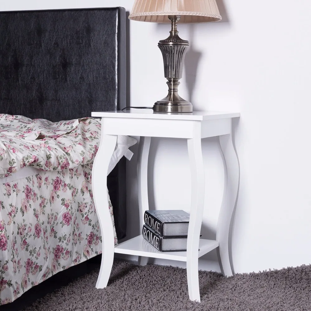 Goplus Accent Side Table Sofa End Table Modern Night Stand Living Room Coffee Table with Storage Shelf White Nightstands HW56557