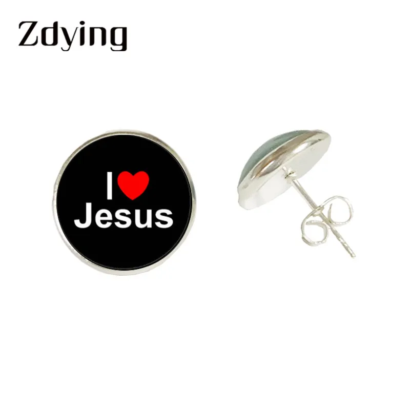 ZDYING Peace Love Jesus серьги-гвоздики I Love Jesus стекло, кабошон купольные серьги-гвоздики 3 цвета металлические украшения JU021 - Окраска металла: JU003