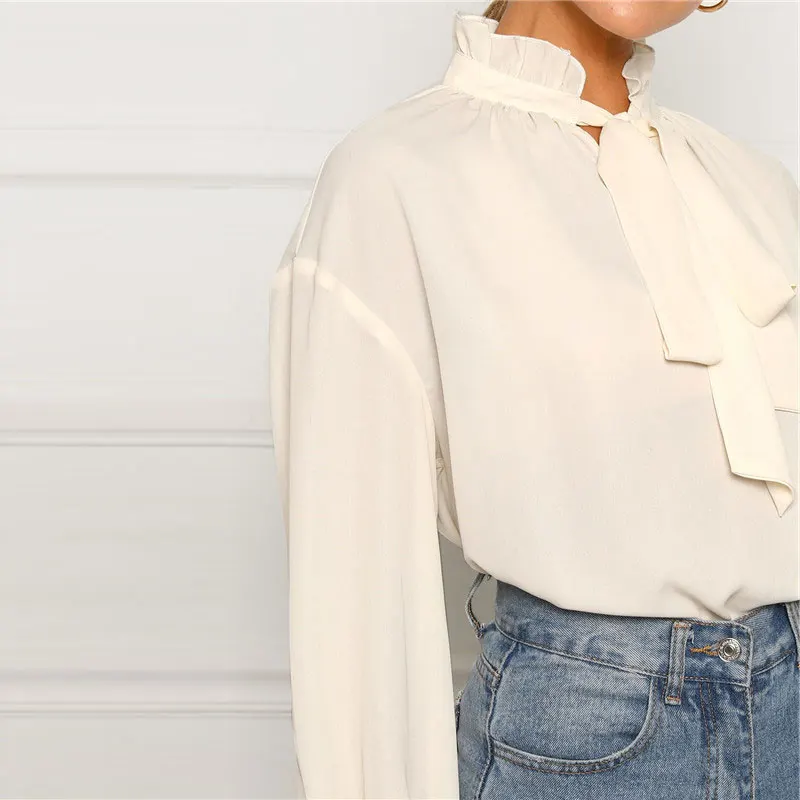 15498656642470056530  - HTB1K6FZbiLxK1Rjy0Ffq6zYdVXaQ - SHEIN Ruffle Tie Pescoço E Folho Luva Partes Superiores Das Senhoras Blusa Mulheres Primavera Gola Sólida Elegante Workwear Tops E Blusas