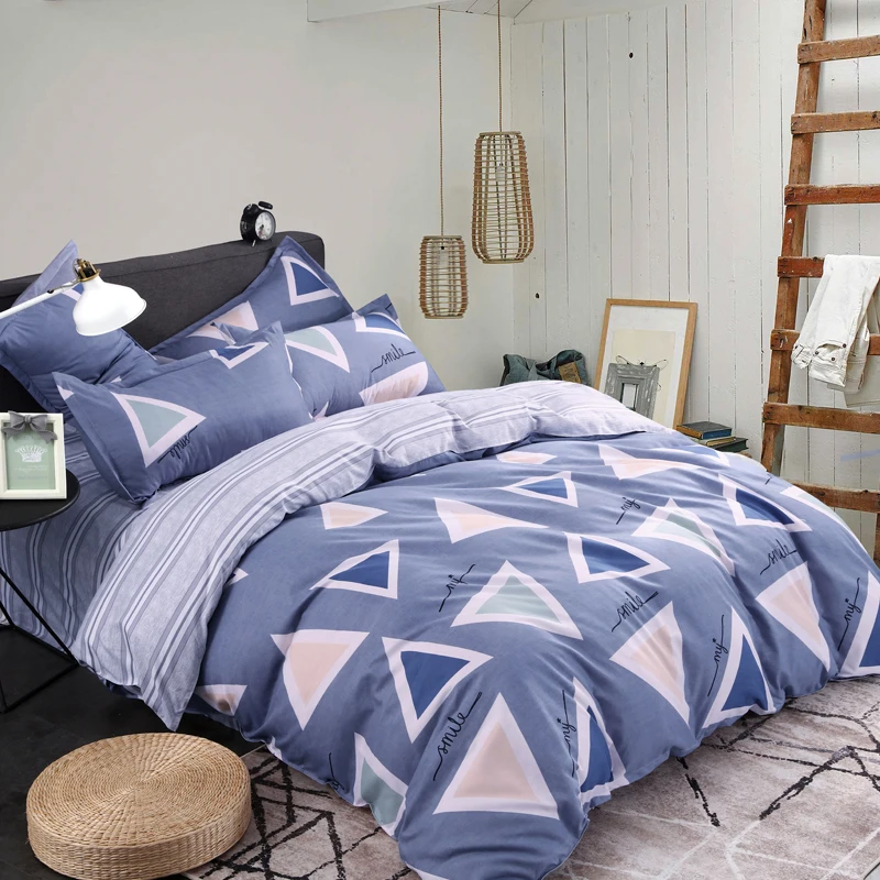 

Bedding Sets Blue Triangle Pattern Polyester Fabric Set Reactive Printing Hot Sale Comforter Bed Set Queen Full Size 3/4 Pcs