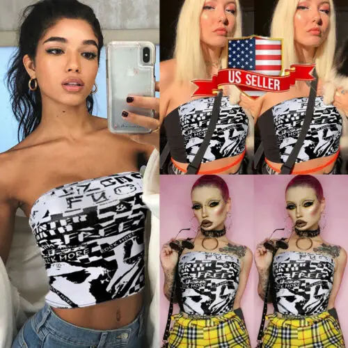 

2019 Women Strapless Elastic Vest Boob Tube Crop Top Printed T Shirt Cami Top