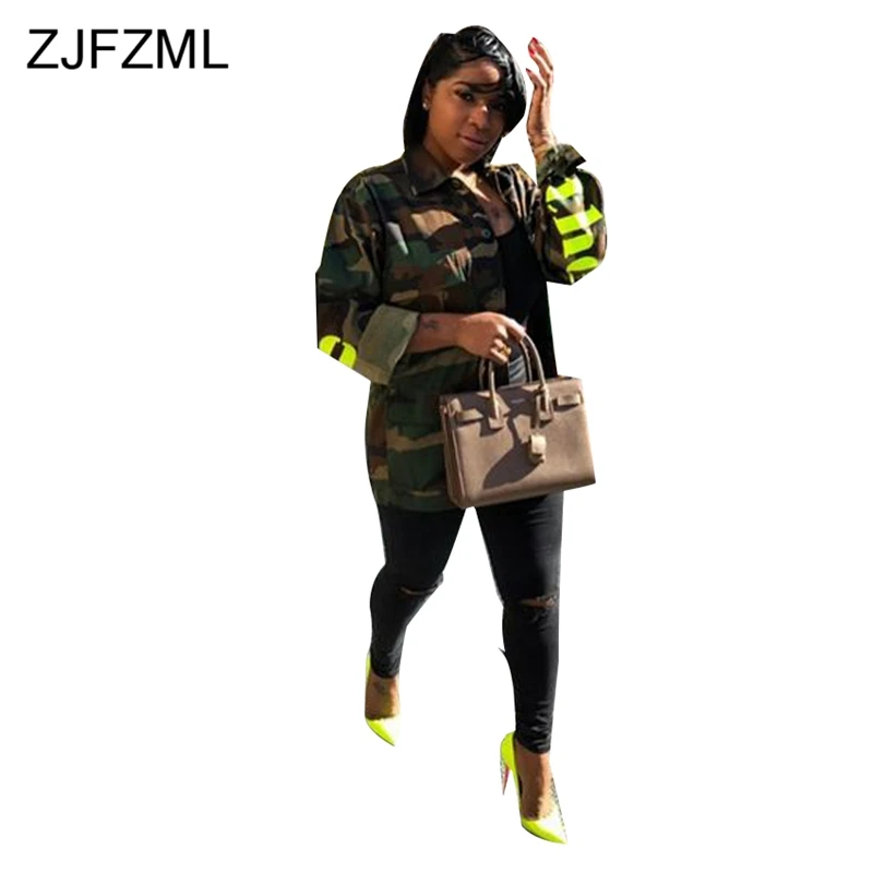 

ZJFZML Camouflage Print Casual Jackets Women Turn-Down Collar Full Sleeve Coat Streetwear Army Green Letter Outwear Open Stitch
