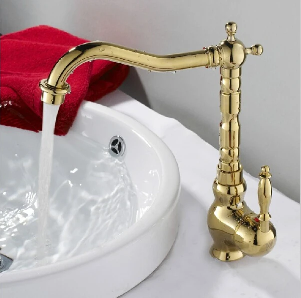 Tall Luxury Gold Plated Bathroom Faucet Long Mouth Swivel Basin Sink