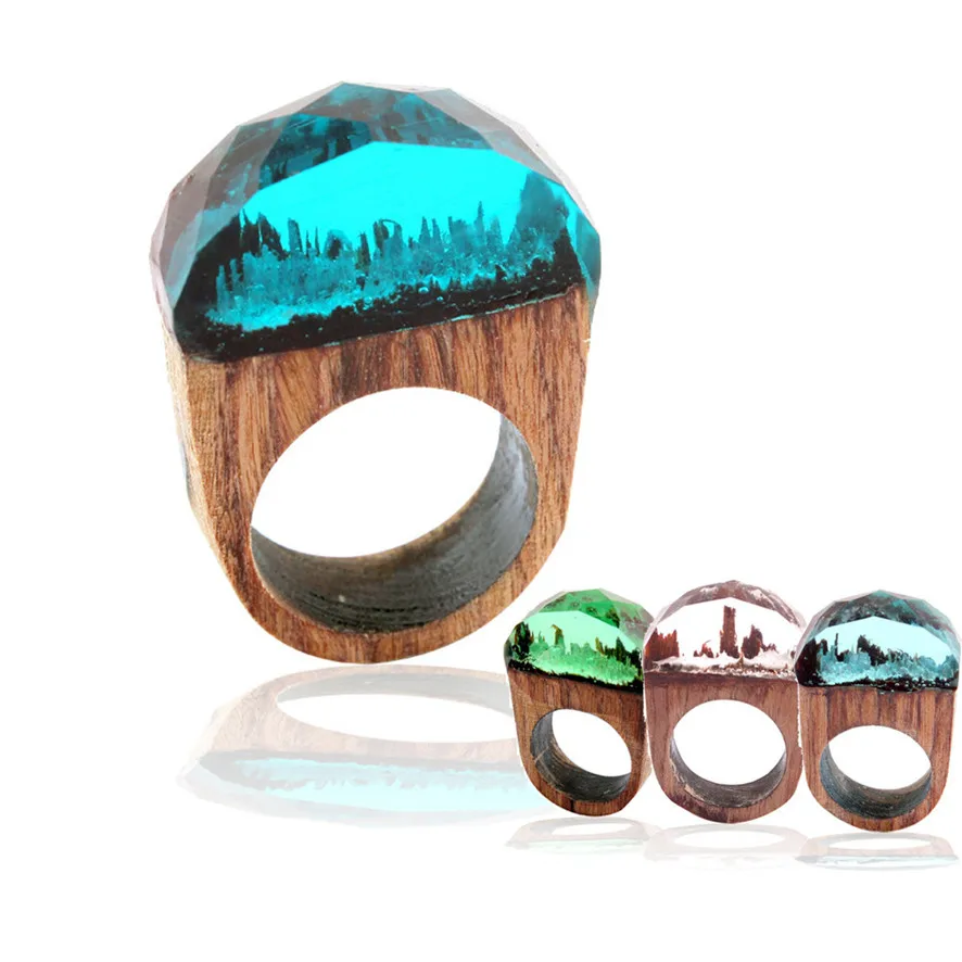 Hot 19mm Handmade Wood Resin Ring with Magnificent Tiny Fantasy Secret Landscape