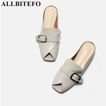 

ALLBITEFO brand soft genuine leather women flip flops low heels women summer fashion sexy slippers slides peep toe sandals