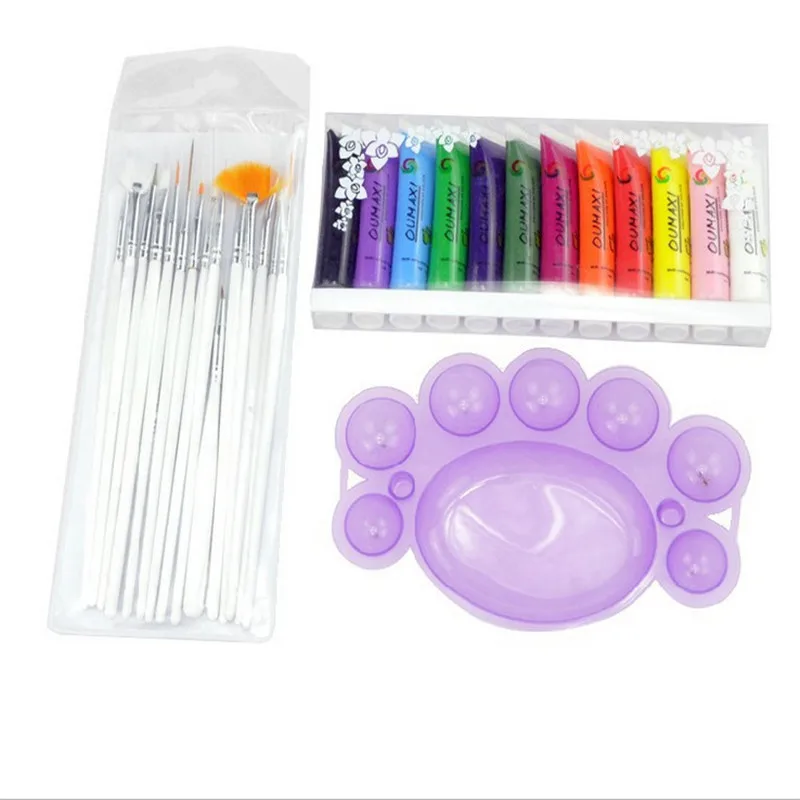 

Pro 28Pcs Nail Art Set 15pcs Nail Art Brush Painting Pen 12 Colors UV Gel Acrylic 3D Nail Polish Paints 1 Palette Plate Tool