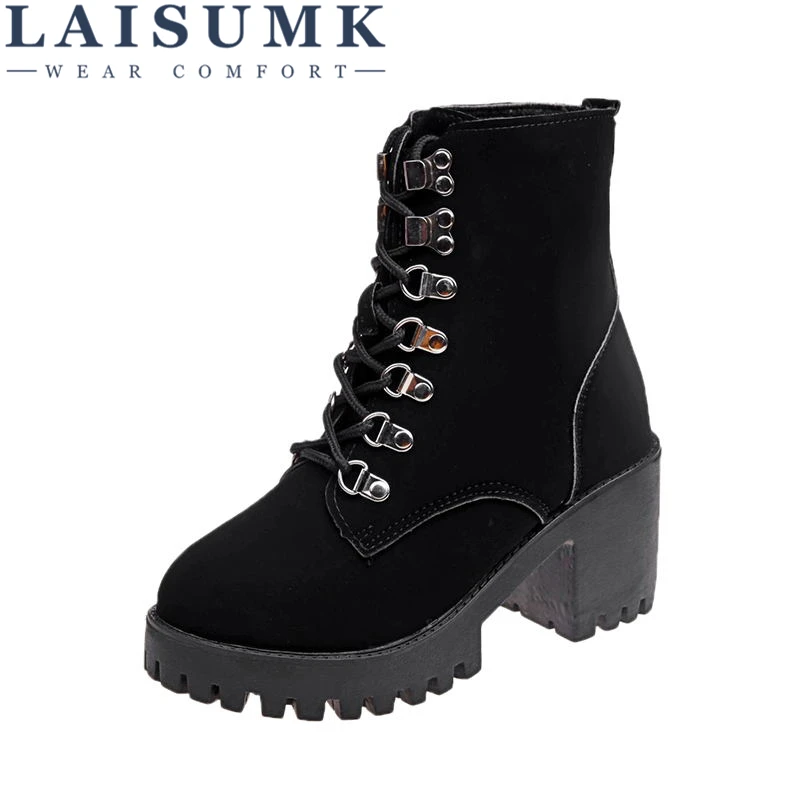 

LAISUMK 2019 New Fashion Women Ankle Boots Platform Zipper All Match Spring/Autumn Boots Square High Heel Women Boots