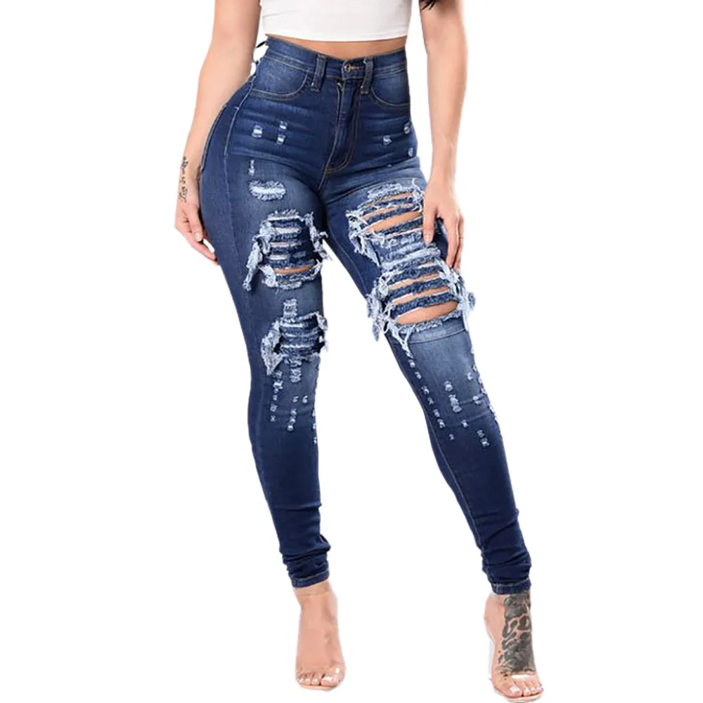 Высокая талия узкие женские джинсы тертые рваные Градиент Длинные джинсы Sexy обычные штаны Рваные джинсы для Для женщин Жан Femme
