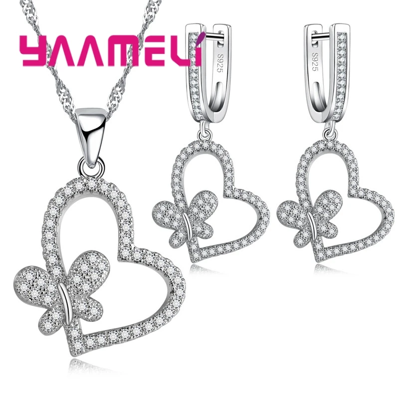 YAAMELI новые комплекты ювелирных изделий 925 пробы серебро любовь сердце довольно бабочка кристалл Цепочки и ожерелья кулон, серьги для Для