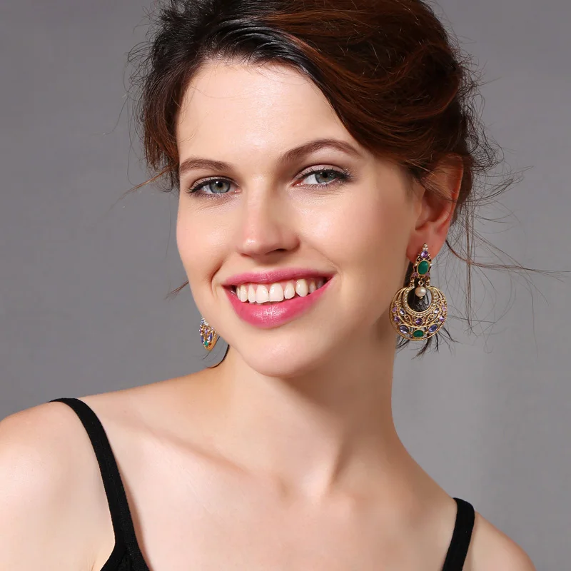 Women Earrings Vintage Multi color Crystal Boho Style Drop Earrings for