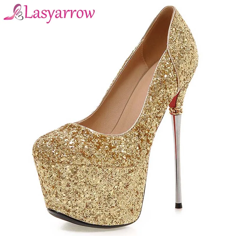 

Lasyarrow Brand Shoes Women Platform High Heels Stilettos Pumps Round Toe Bling Bling Gold Silver Wedding Shoes Big Size 42 Q153