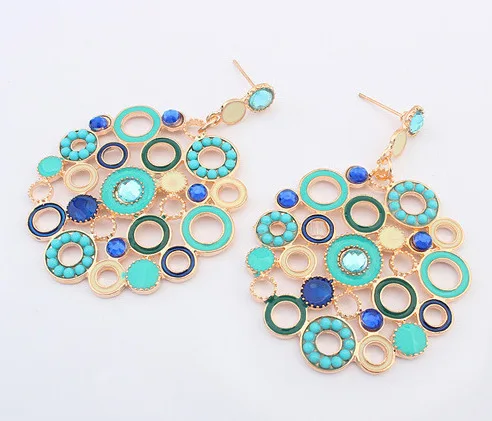 

2016 Summer Style Bohemian Fashion Geometric Hollow Round Beads Rhinestone Crystal Drop Earrings For Women Beach Holiday Jewelry