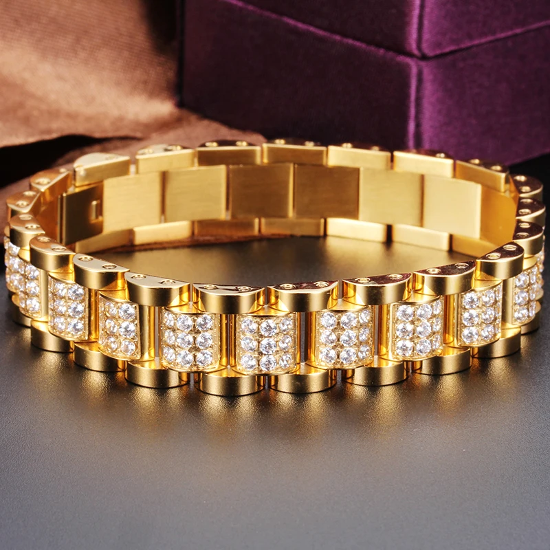 New Trendy 18k Italian Gold Cubic Zirconia Crystal Arabic Bracelets New Trendy 18k Italian Gold Cubic Zirconia Crystal Arabic Bracelets Men Jewelry Stainless Steel Thick Cuban Link Chain In