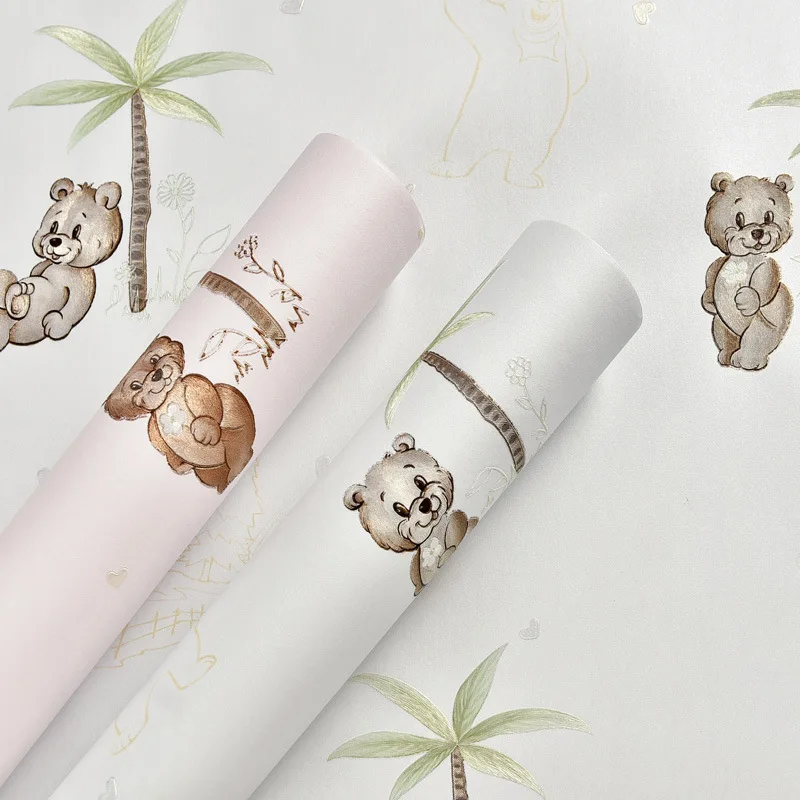 

Modern Autohesion 3d Non-woven Fiber Material Wallpaper Korean Lovely and Warm Cartoon Bear Wallpaper for Children's Room Decor