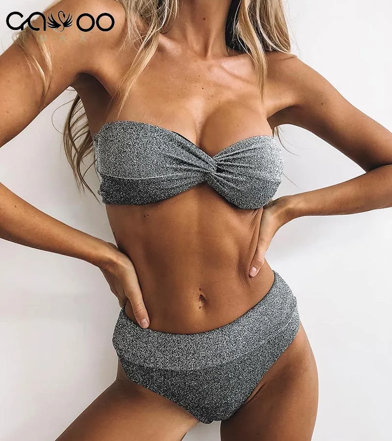 Günstige Neue Sexy Bandeau Shiny Glitter Bikini Set Frauen Bademode Badeanzug Zwei stück Bogen Bikinis Set Badende Badeanzug Schwimmen tragen