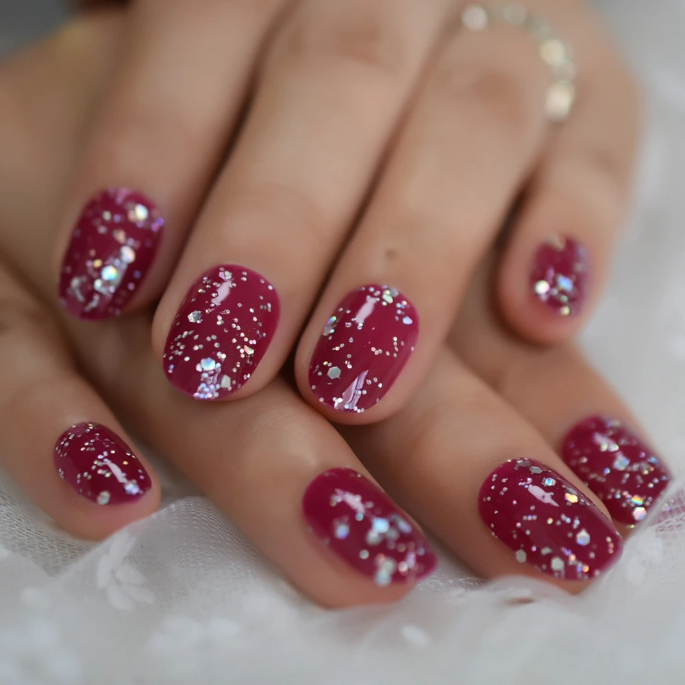Deep Rose Red Press On Fingernails Mix Glitter Decoration Oval Fake Nails Uv Polish Cover Glossy Nail Art Tips 24 False Nails Aliexpress