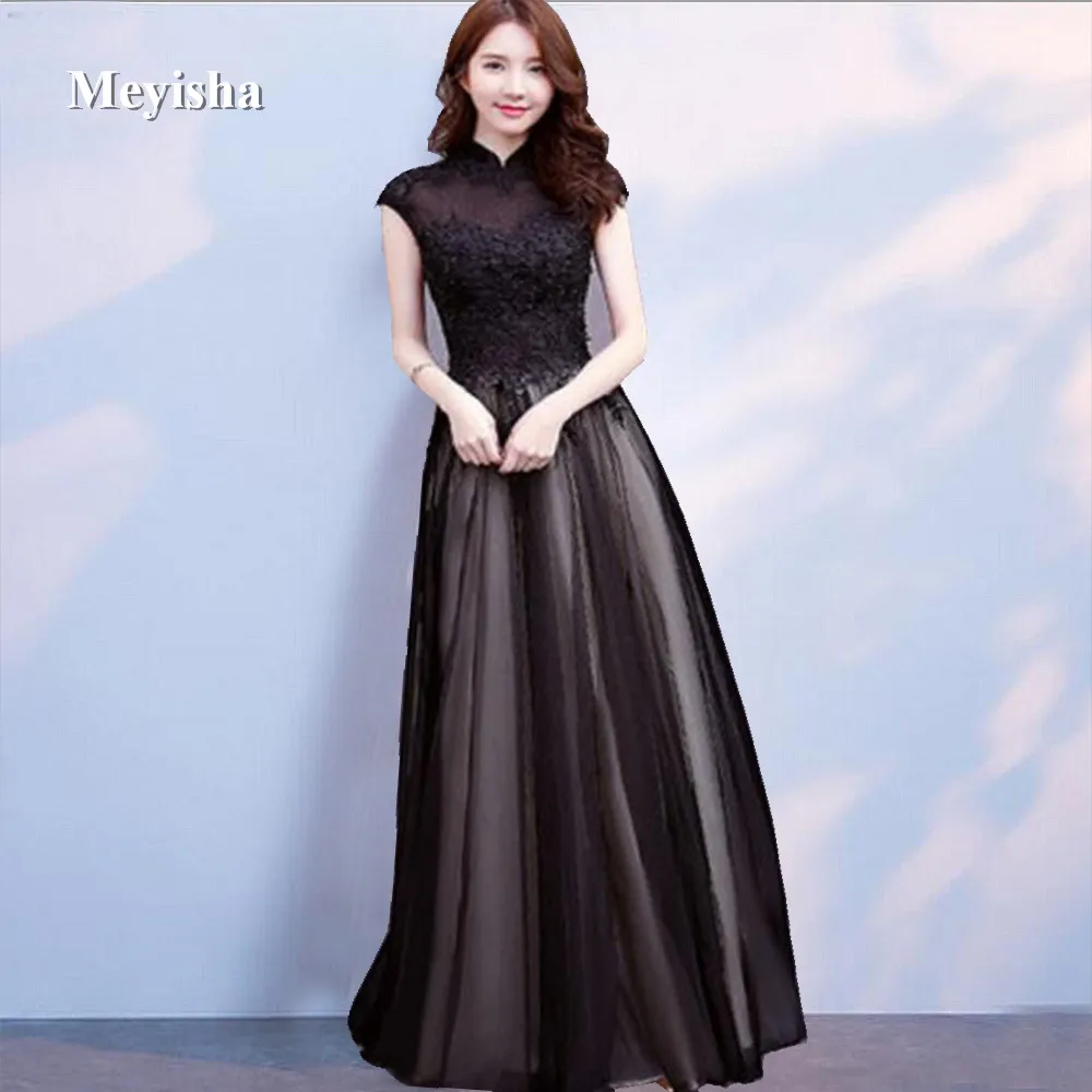 

ZJ7015 Ruby Black Bridal Royal Blue Tulle Appliques Beaded Prom Dress Ball Gown High Neck Prom Party Gown Customer Made
