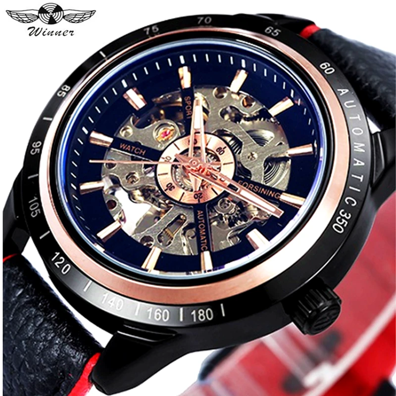 

WINNER Brand Men Skeleton Self-wind Mechanical Watch Leather Band Automatic Wristwatches Luxury Clcok