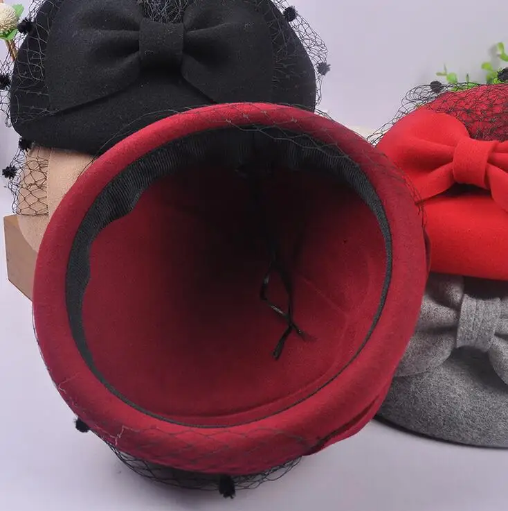 Зимние женские фетровые шляпы шерсть фетровая шляпа винтажная шляпа-Клош с бантом ручной работы женские церковные шляпы женские повседневные Шапки