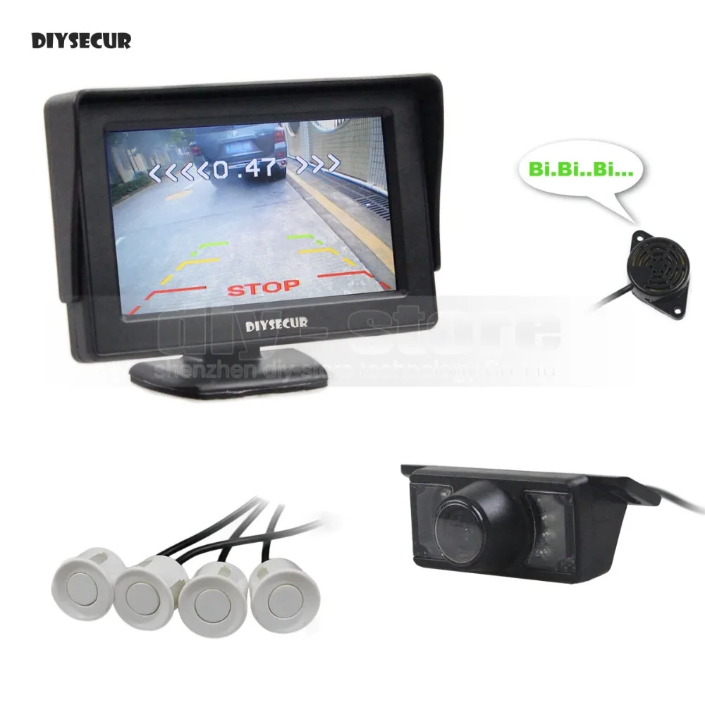 

DIYSECUR 4.3 Inch Rear View Car Monitor + Waterproof IR Night Vision Car Camera Video Parking Radar 4 Sensors + Speaker
