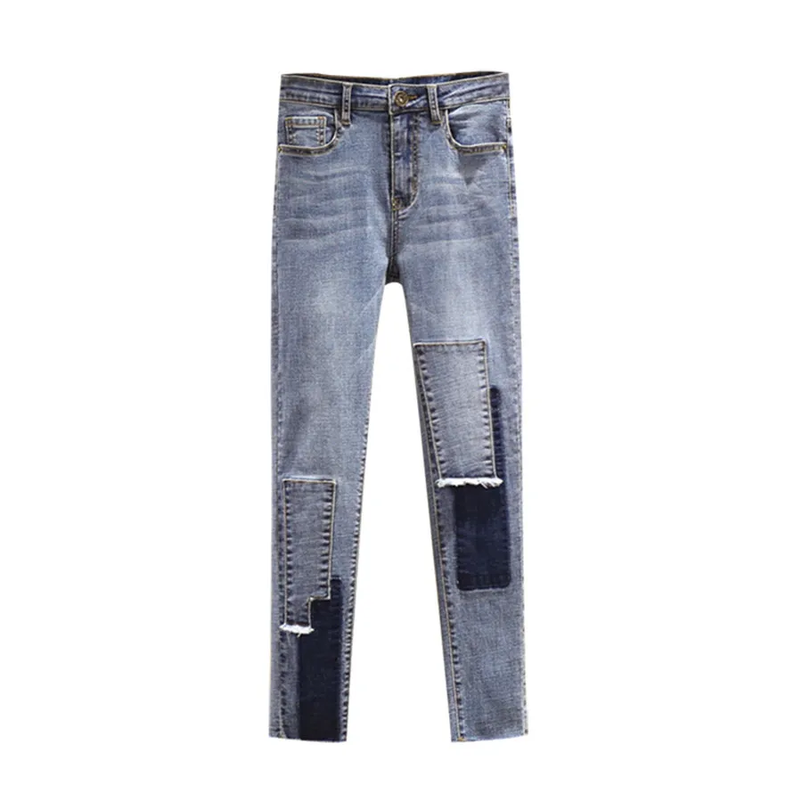 

Plus Size Women Jeans Patchwork Casual Denim Pants Slim Fit High Waist Cowboy Straight Full Length Trousers Chic Boyfriend Jeans