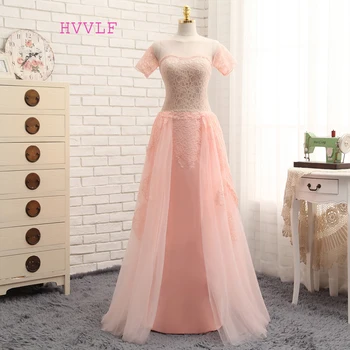 

Detachable Skirt 2019 Evening Dresses Sheath Cap Sleeves Pink Chiffon Lace Elegant Long Evening Gown Prom Dresses Prom Gown