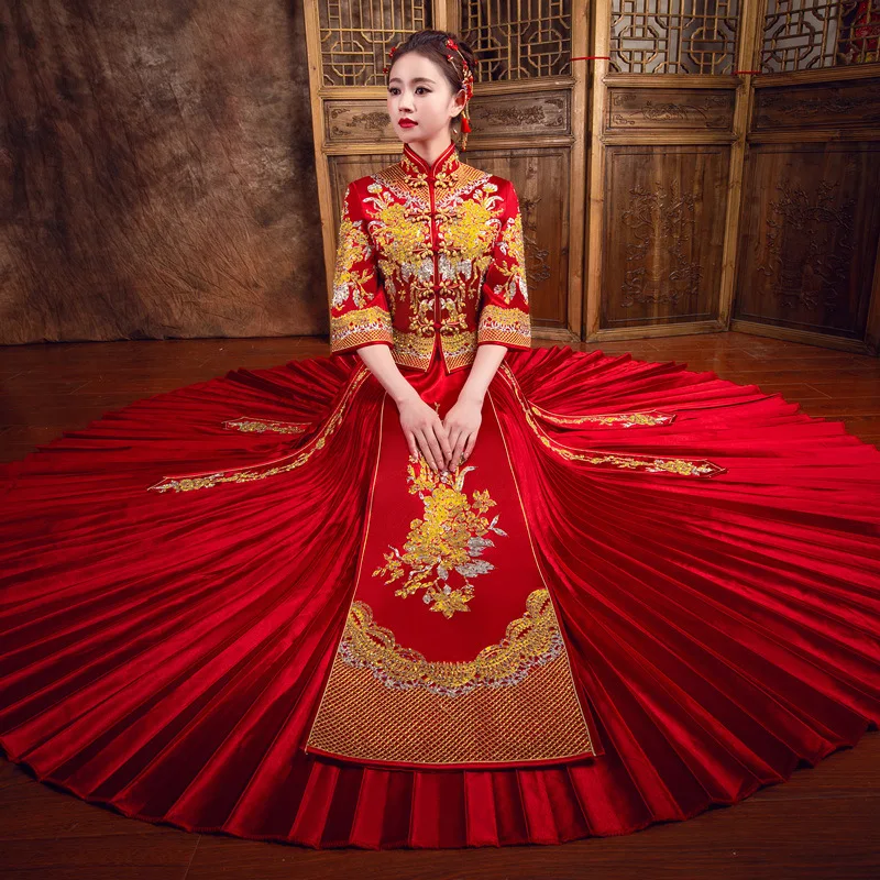 Традиционная вышивка цветочный Qipao Роскошные Стразы Свадебный костюм китайский стиль свадебное платье для невесты классический красный Ципао