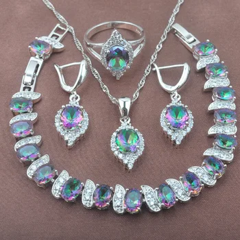 

Stylish Wedding jewelry Sets Silver Color Rainbow Zirconia Women Costume Jewelry Earrings Necklace Pendant Rings Bracelet YZ0511