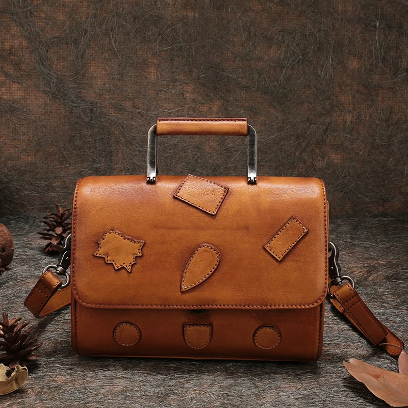 

Retro Cowhide Ladies Handbag Shell Shoulder Bags Handmade Genuine Leather 2019 Messenger Bag Metal Handle Cover Handbags Women