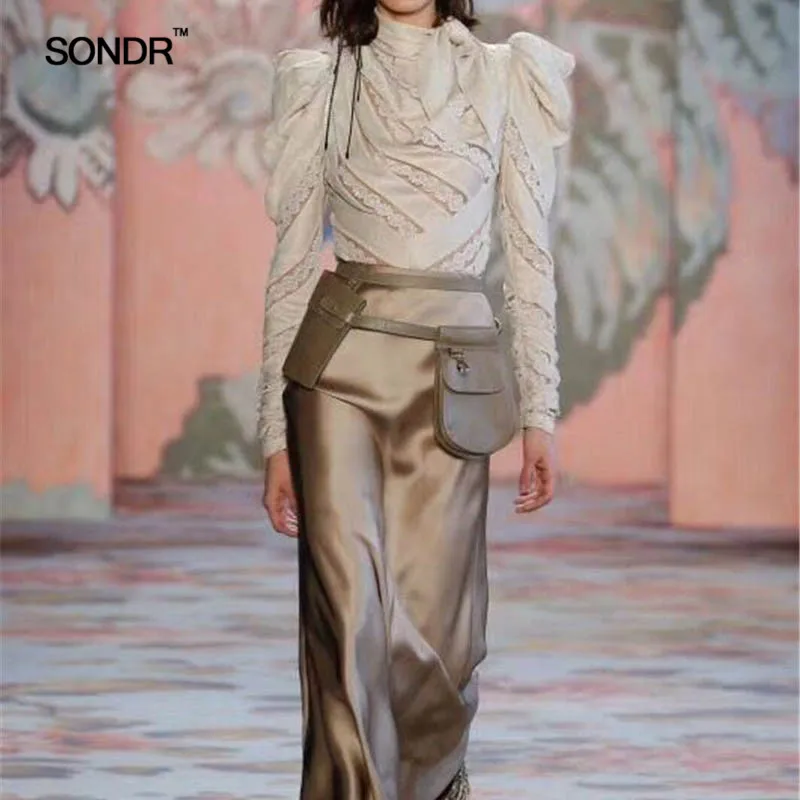 

SONDR Patchwork Lace Sexy Shirt Blouse Female Bow Collar Puff Long Sleeve Blouses Tops Vintage Clothes 2019 Spring Summer New