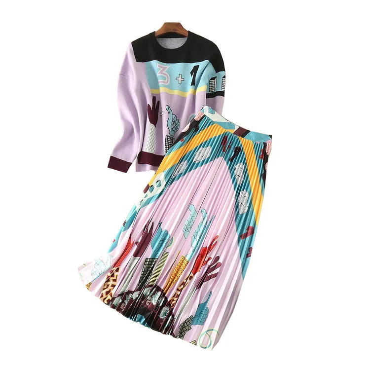 

New qiu dong The European and American high-end printing knitting wool coat + printed pleated skirts suits